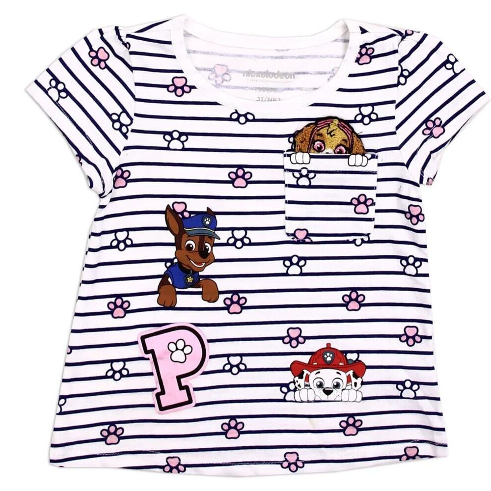 Paw Patrol Toddler Girls T Shirt 3T Cute Pocket With Patch White Navy Striped